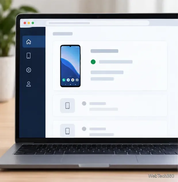 Un tableau de bord de navigateur avec un téléphone Android listé comme connecté.