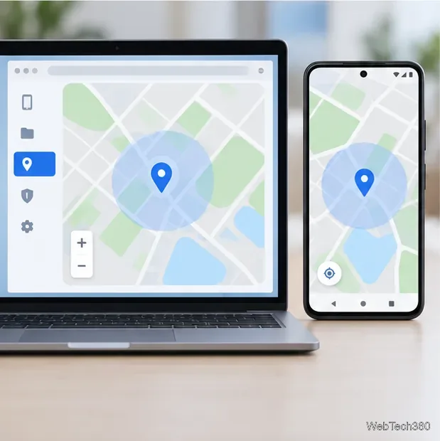 Un navigateur et un téléphone affichant une carte avec un marqueur de localisation approximatif et aucune adresse détaillée.