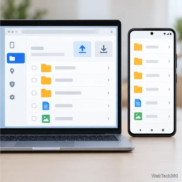 Un gestionnaire de fichiers générique pour navigateur affichant des dossiers et des commandes de téléchargement et d'envoi à côté d'un téléphone Android