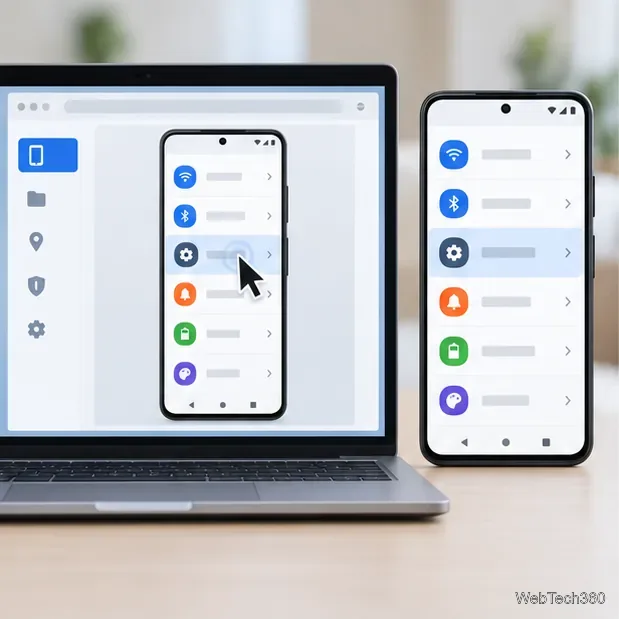 Un pointeur de souris sélectionnant une ligne de paramètres sur un écran Android dupliqué dans un navigateur