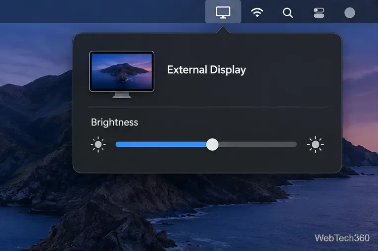 Utilitaire illustré d'affichage de la barre de menus Mac avec une ligne « Écran externe » et un curseur de luminosité.