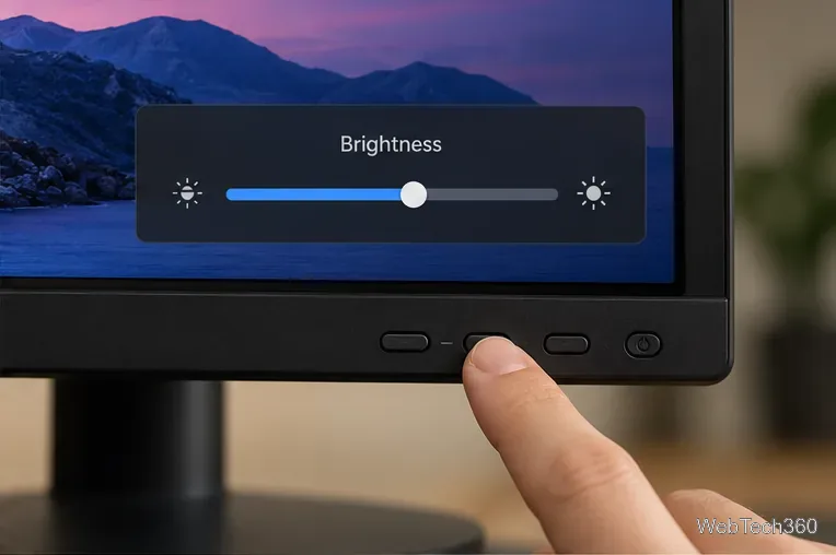 Gros plan sur un bouton de moniteur enfoncé alors que son curseur de luminosité à l'écran est ouvert.