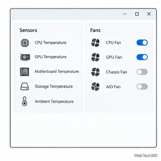 Generic fan utility dashboard listing temperature sensors and fan outputs.