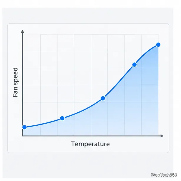 A gradual fan curve keeps speed low at lighter temperatures and ramps up under heat.