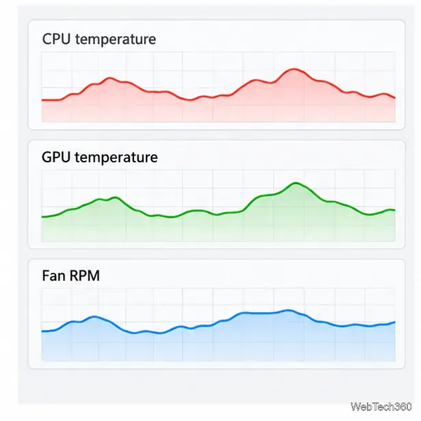Monitoring dashboard graphs for CPU temperature, GPU temperature, and fan RPM.