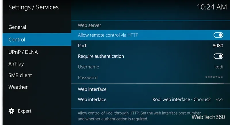 Kodiサービスコントロール画面には、HTTPリモートコントロール、ポート8080、およびChorus2ウェブインターフェースが表示されています。
