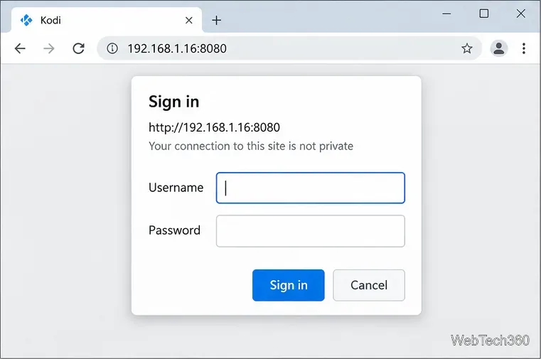 192.168.1.16:8080 の Web ブラウザに Kodi のユーザー名とパスワードのサインインダイアログが表示されている