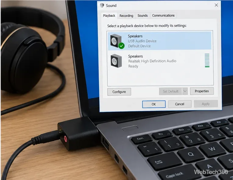 Windows 10 classic Sound control panel showing USB Audio Device as the default playback device