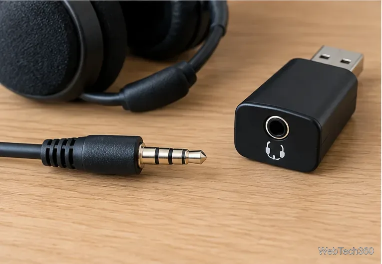 USB audio adapter with a single combo headset jack next to a four-pole TRRS headset plug