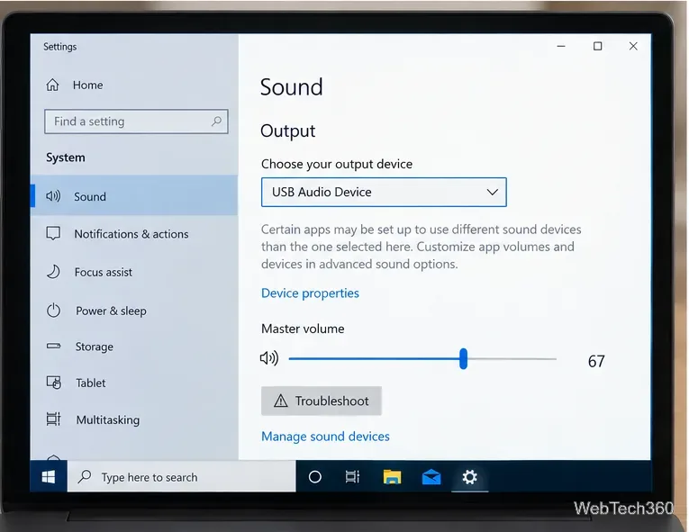 Windows 10 Sound settings with USB Audio Device selected as the output