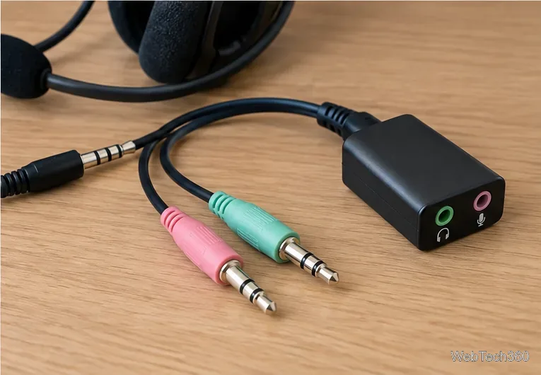 Four-pole headset plug connected to a splitter with separate green headphone and pink microphone plugs beside a USB audio adapter