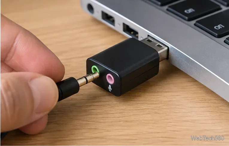 3.5mm headphone plug being inserted into the green output of a USB audio adapter connected to a laptop