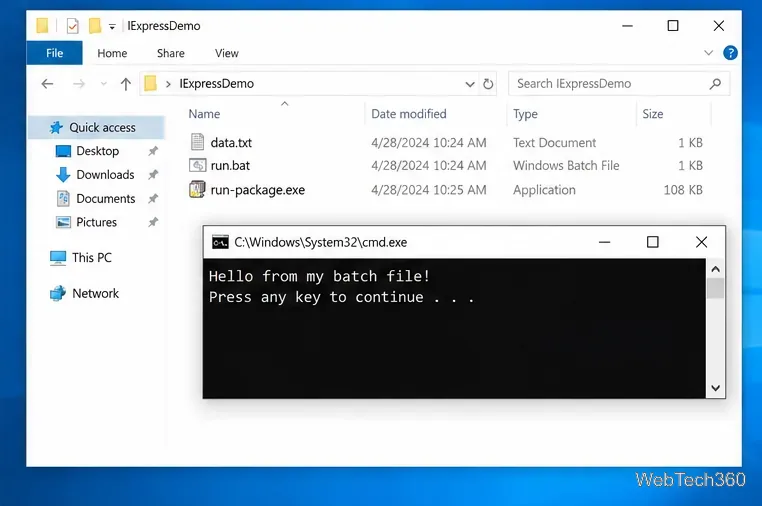 В проводнике файлов файл run-package.exe отображается рядом с run.bat и data.txt, а в командной строке — пример выходных данных скрипта.