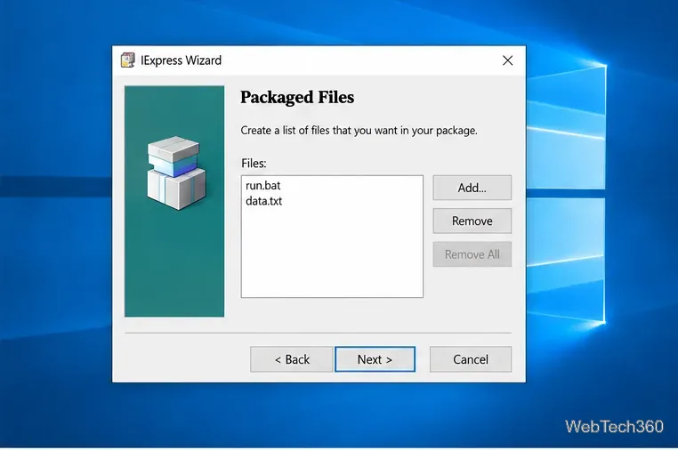 На странице IExpress Packaged Files перечислены файлы run.bat и data.txt.
