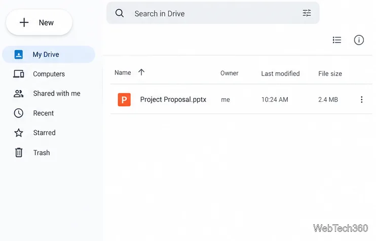عرض تقديمي من برنامج PowerPoint مُدرج كملف في Google Drive بعد التحميل.