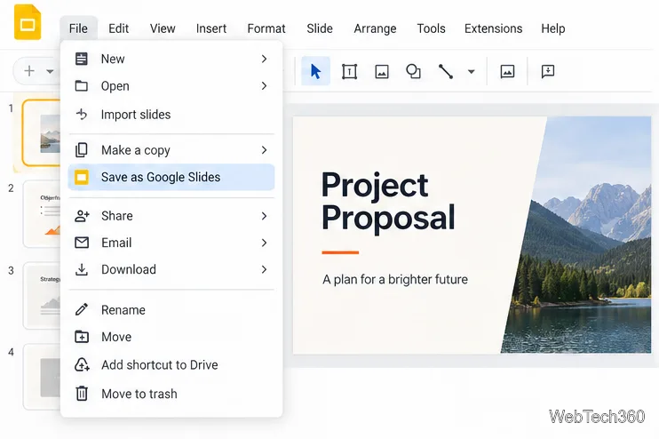 قائمة ملفات Google Slides مع تمييز خيار "حفظ باسم Google Slides".