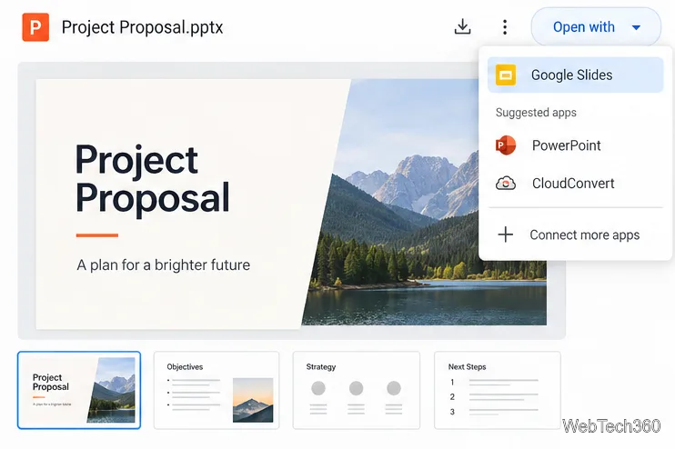 معاينة عرض تقديمي من برنامج PowerPoint في Drive باستخدام Google Slides معروضة في قائمة "فتح باستخدام".