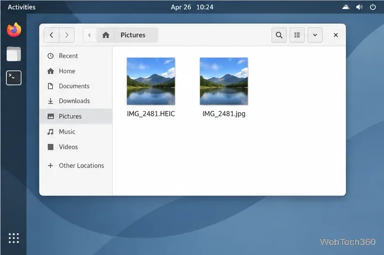 Un folder Linux Pictures care afișează fișierul IMG_2481.HEIC lângă copia sa convertită, IMG_2481.jpg.