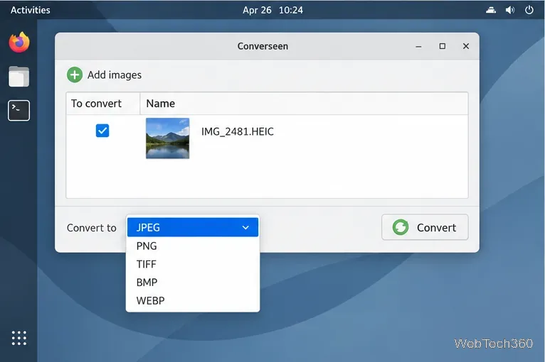 Converseen afișează fișierul IMG_2481.HEIC selectat pentru conversie și meniul de format setat la JPEG.