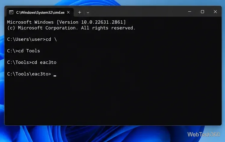 Windowsコマンドプロンプトの例（eac3toディレクトリへ移動するコマンドを含む）