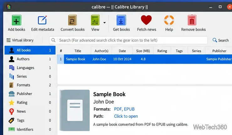 Calibreライブラリには、変換後にPDFとEPUBの両方の形式で利用可能な書籍が1冊表示されています。