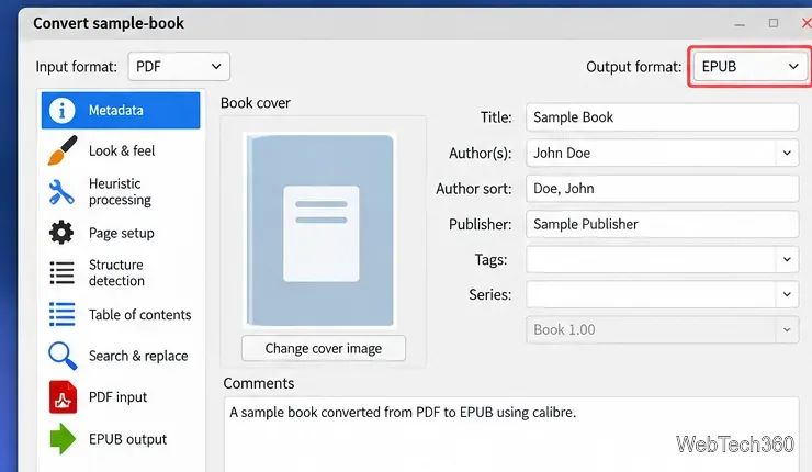 Calibreの書籍変換ウィンドウで、入力形式としてPDF、出力形式としてEPUBが選択されている。