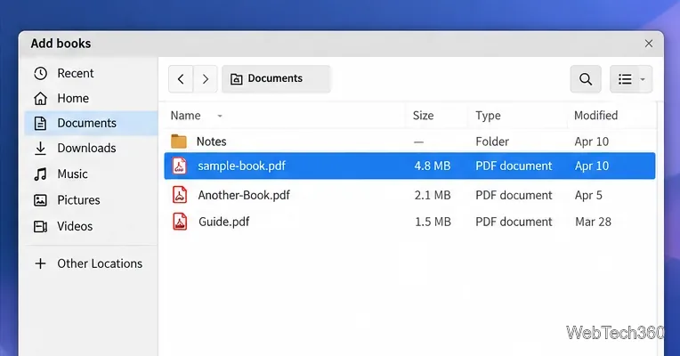 Linuxのファイルピッカーで、Calibreにインポートするために選択されたPDFファイルを表示している。