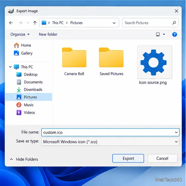مربع حوار تصدير الصورة في برنامج GIMP مع إدخال custom.ico كاسم للملف وتحديد أيقونة Microsoft Windows
