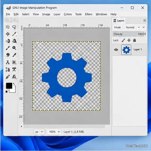 ترس أزرق متمركز على لوحة قماشية شفافة مربعة الشكل في برنامج GIMP