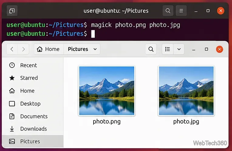 Linux terminal converting photo.png to photo.jpg with ImageMagick beside a file manager showing both files