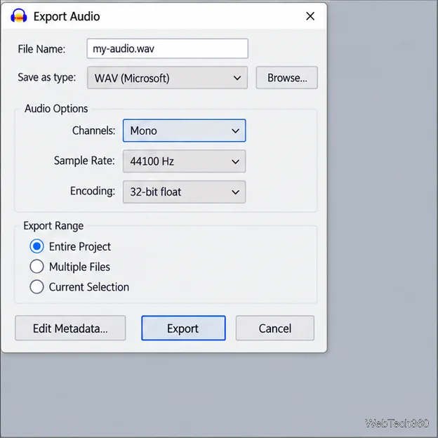 Audacity-style Export Audio dialog with WAV selected and Channels set to Mono