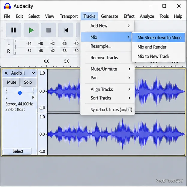 Audacity-style Tracks and Mix menus with Mix Stereo down to Mono highlighted