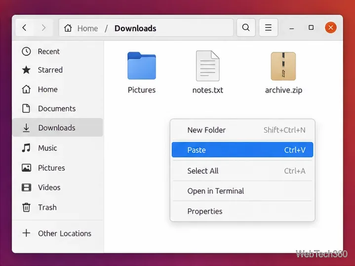 Ubuntuのファイルを開くと、ダウンロード画面が表示され、コンテキストメニューで「貼り付け」コマンドがハイライト表示されます。