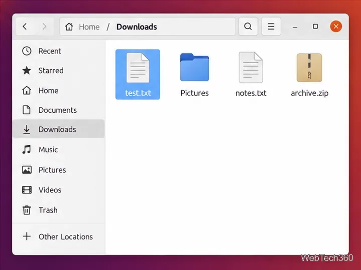 Ubuntuファイルで、コピー後にダウンロードディレクトリにtest.txtが存在することを示す