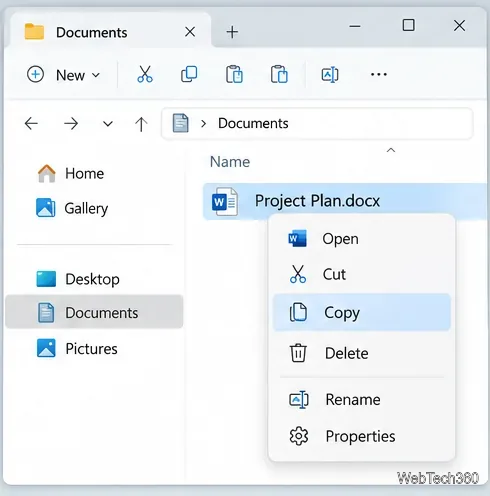 В контекстном меню проводника Windows 11 выделен пункт «Копировать» для файла Project Plan.docx.
