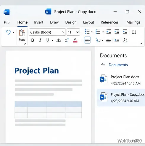 На рабочем столе Word отображается открытый файл Project Plan - Copy.docx рядом с исходным документом в списке файлов.