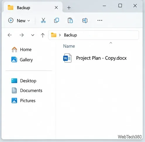 В папке «Резервное копирование» файл Project Plan - Copy.docx отображается как отдельный файл.