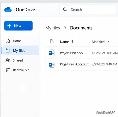 В папке «Документы» OneDrive отображаются файлы Project Plan.docx и Project Plan - Copy.docx.