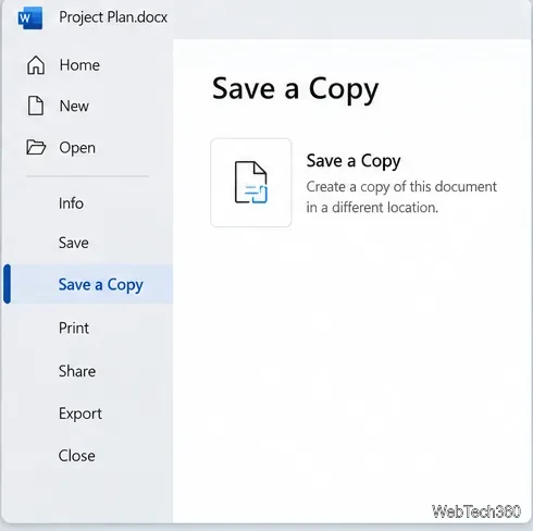 В режиме просмотра «Файл» настольной версии Microsoft Word выбран параметр «Сохранить копию».