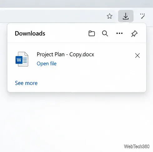 В панели «Загрузки браузера» отображается файл Project Plan - Copy.docx.