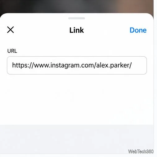 L'editor di adesivi Link con l'URL del profilo inserito e Fine in alto.