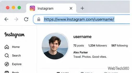 Instagram in un browser desktop con l'URL del profilo selezionato nella barra degli indirizzi.