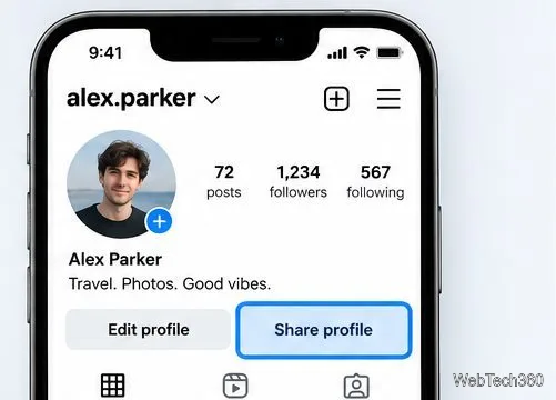 Il pulsante Condividi profilo evidenziato su un profilo Instagram mobile.