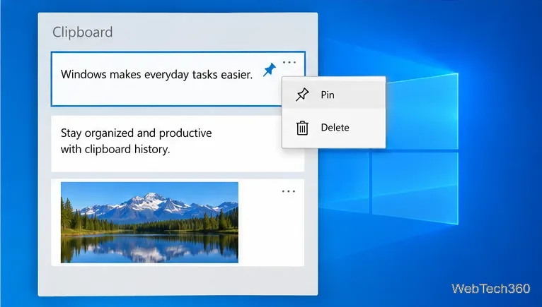 The Windows 10 Clipboard history menu opened for a text clip, with Pin and Delete commands visible.