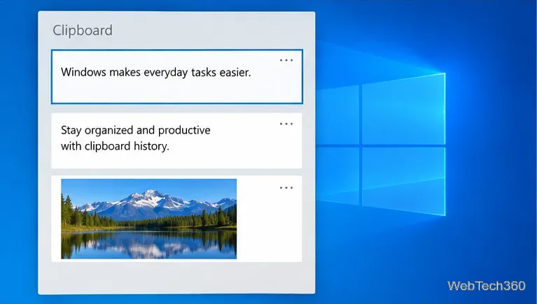 The Windows 10 Clipboard history flyout showing two text entries and a bitmap thumbnail.