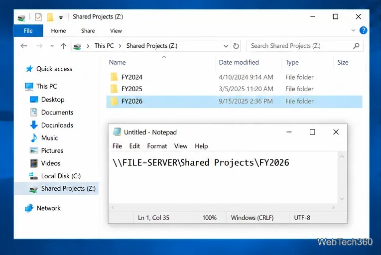 โปรแกรม Notepad แสดงเส้นทางเครือข่าย UNC ที่คัดลอกมา \\FILE-SERVER\Shared Projects\FY2026