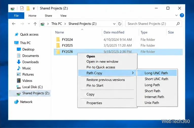 เมนูบริบทของ File Explorer สำหรับโฟลเดอร์เครือข่ายที่มี Path Copy ขยายอยู่ และ Long UNC Path ถูกไฮไลต์