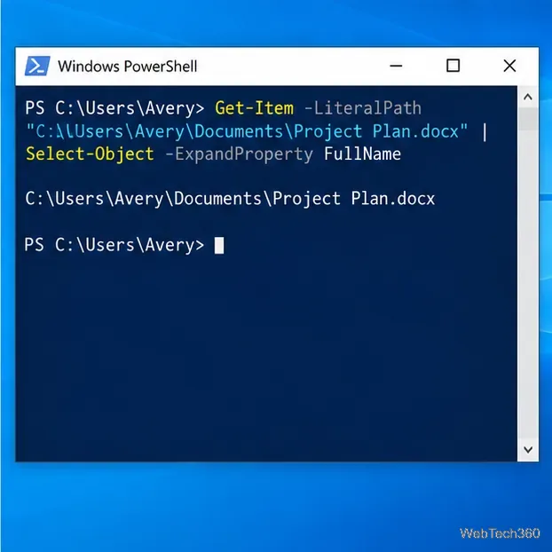 O fereastră Windows PowerShell care afișează Get-Item -LiteralPath și returnează calea completă către Project Plan.docx.