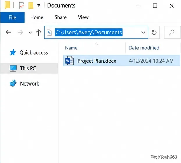 Bara de adrese din File Explorer afișează calea selectată pentru folderul C:\Users\Avery\Documents.
