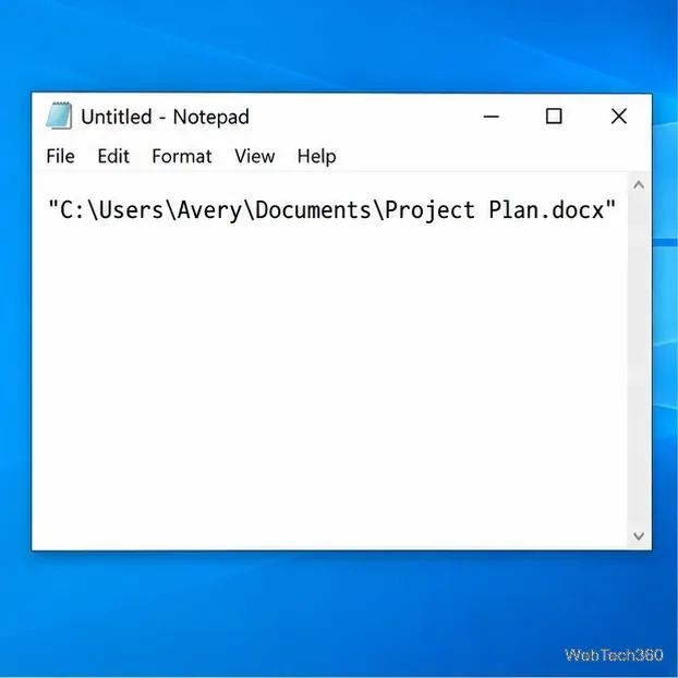 Notepad care afișează calea fișierului copiat între ghilimele: C:\Users\Avery\Documents\Project Plan.docx.